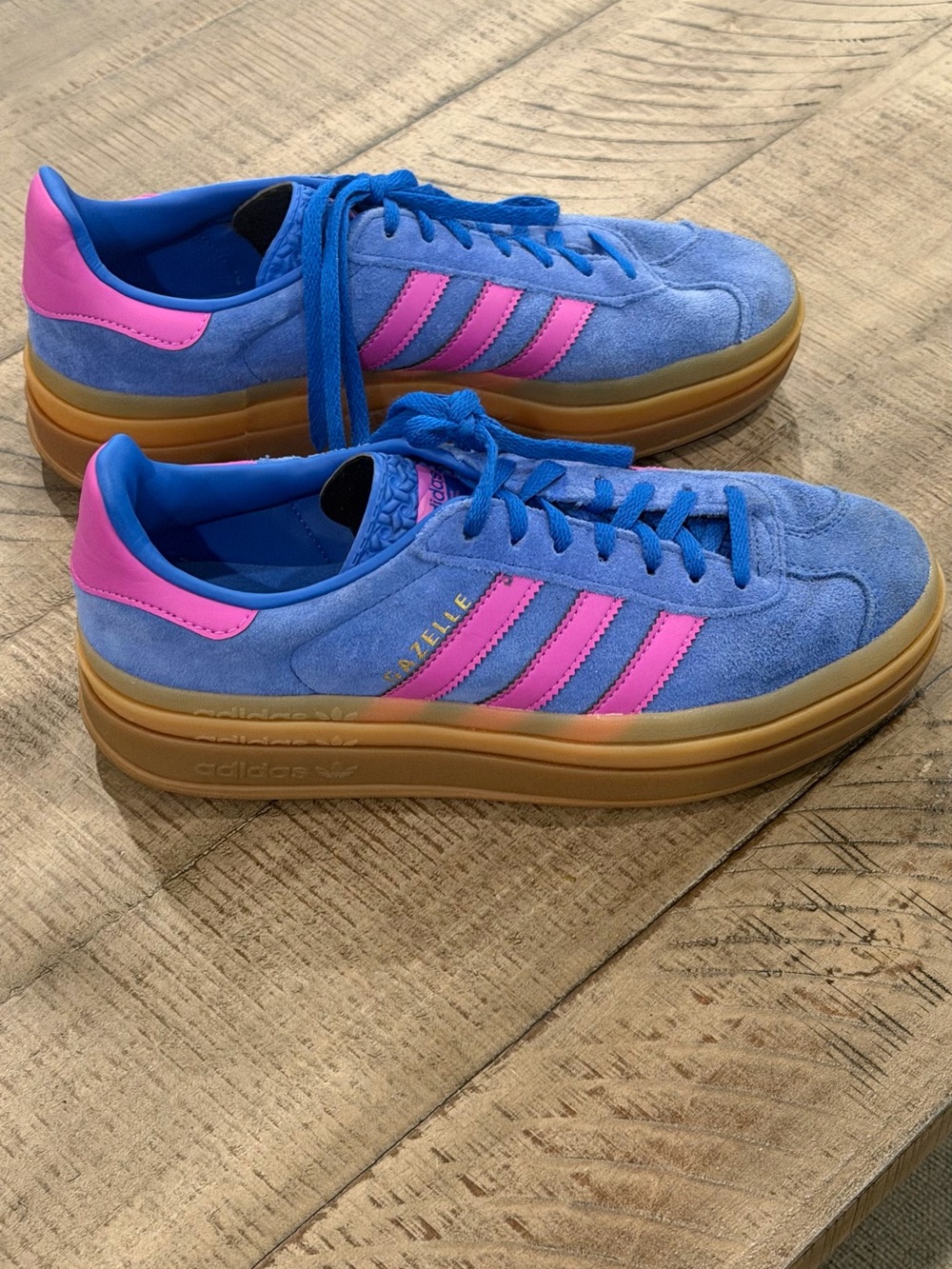 adidas Blue Suede Platform Sneakers with Pink Stripes and Gum Sole
